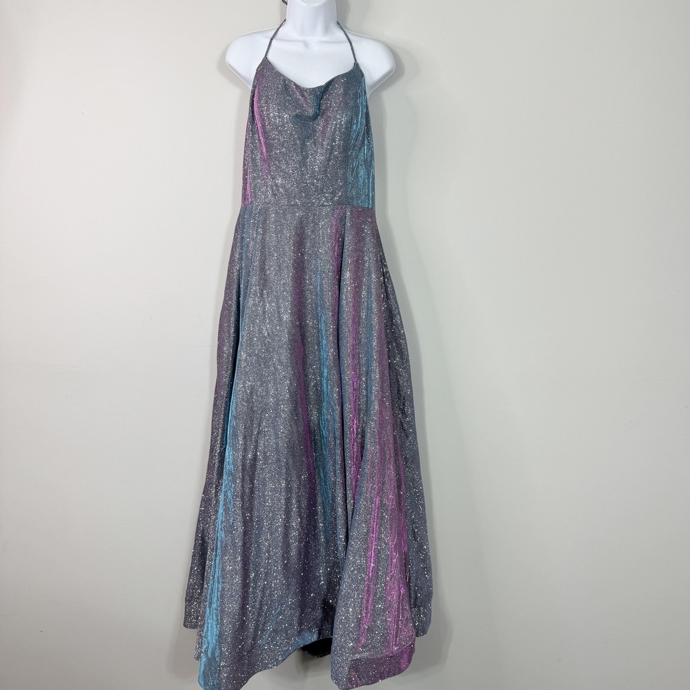 Grab-A-Dress Maxi Dress Womens 16 Grey Metallic Halter Lace Up Formal YN1902278
